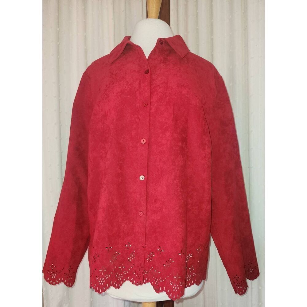U1 Reletivity red dressy brushed button up top/jacket eyelet scalloped trim